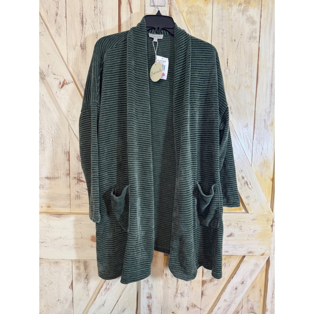 Chenault Olive Striped Open Front Cardigan Sweater Duster with‎ Pockets Size M